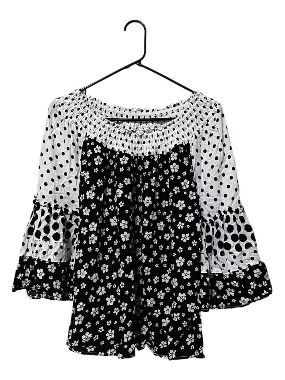Boho Black & White Floral/Polka Dot Peasant Top